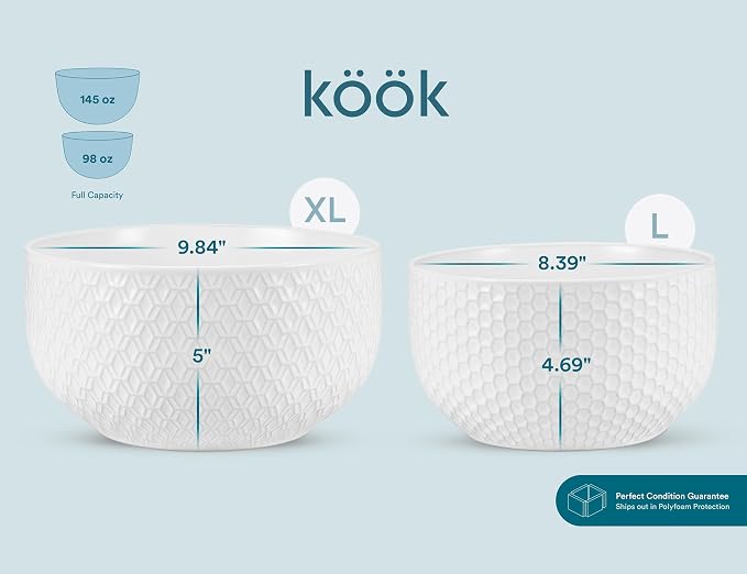 KooK Ceramic Mixing Bowls, Nesting Set of 4, Embossed Kitchen Dishware - Image 6