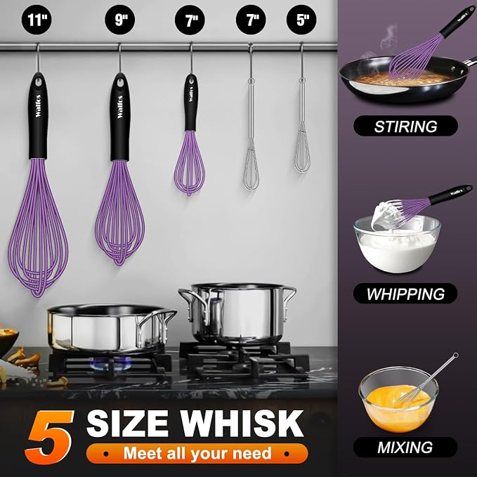 Walfos Whisk, Silicone Whisks Set of 5, Mini Stainless Steel Whisk 7+5in & Non - Image 7