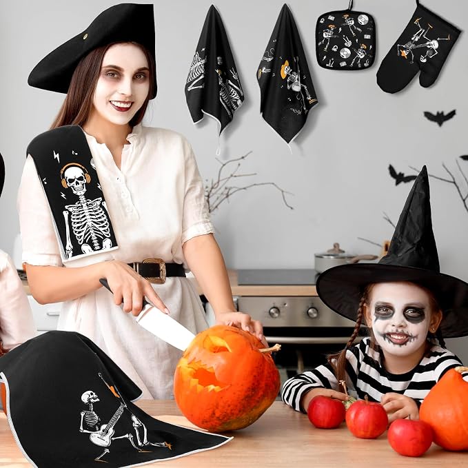 Leinuosen 8 Pcs Skull Kitchen Decor Set Kitchen Towels Gothic Oven Mitts and - Image 4