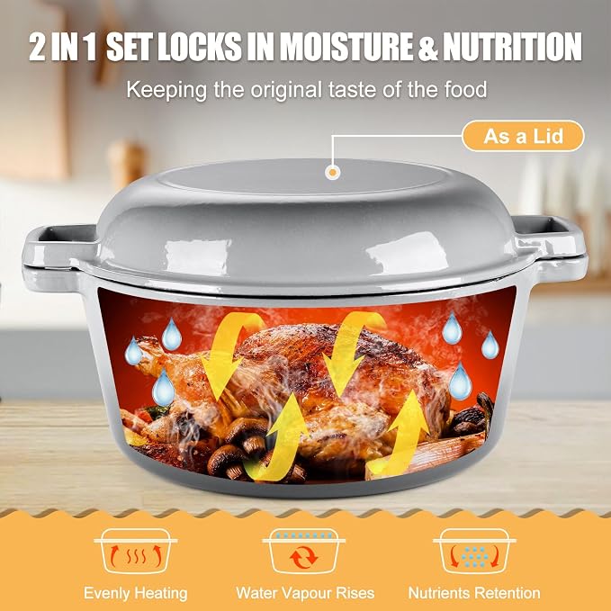 P&P CHEF 5Qt Dutch Oven Pot for Bread Baking, 2 In 1 Round Cast Iron Dutch Oven - Image 6