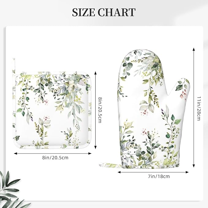 Sage Green Eucalyptus Oven Mitts and Pot Holders Sets Silicone Watercolor - Image 3