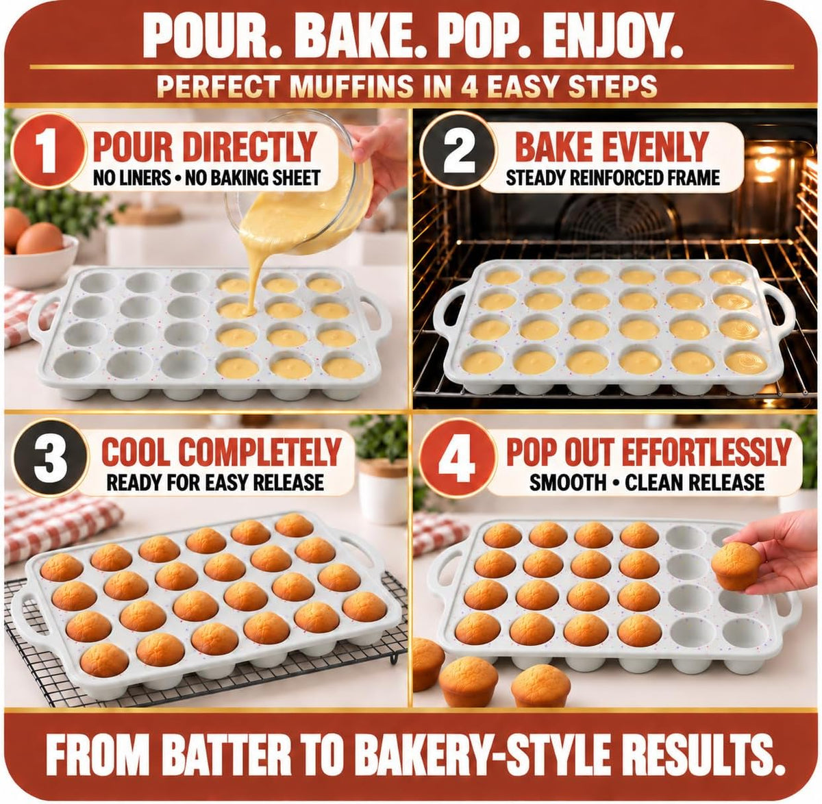 Silicone Mini Muffin Pan, 24 Cup 2 Pack with Metal Reinforced Frame