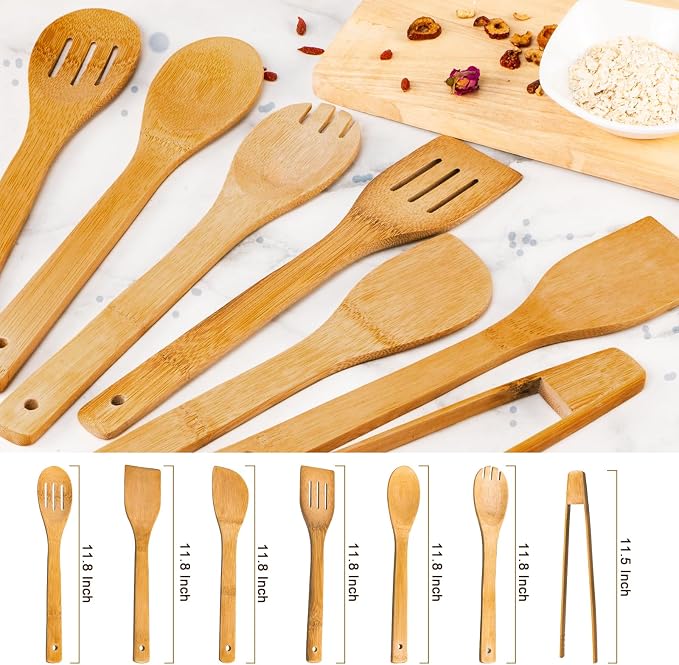 Eisinly Wooden Spoons for Cooking 7-Piece, Kitchen Nonstick Bamboo Cooking - Image 2