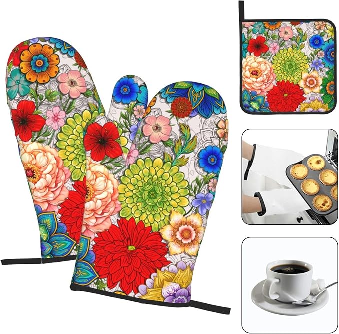 Boho Floral Oven Mitts and Pot Holders Set of 3, Cute Colorful Flowers Heat - Image 3