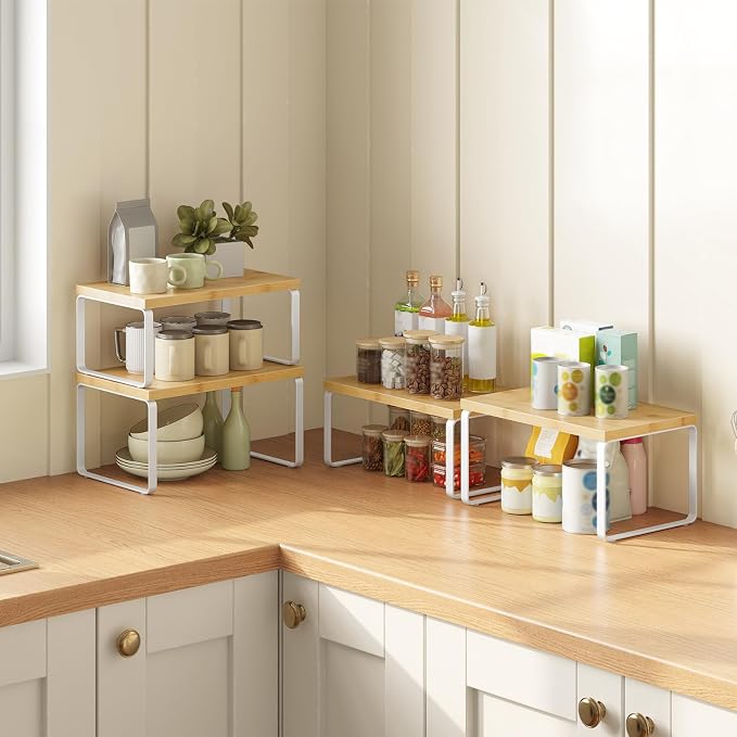 HOOBRO Cabinet Organizer Shelf, Expandable Kitchen Storage, Stackable Bamboo - Image 2