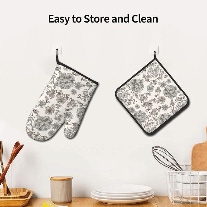 Vintage Flowers Oven Mitts and Pot Holders Sets Boho Kitchen Gloves White Grey - Image 6