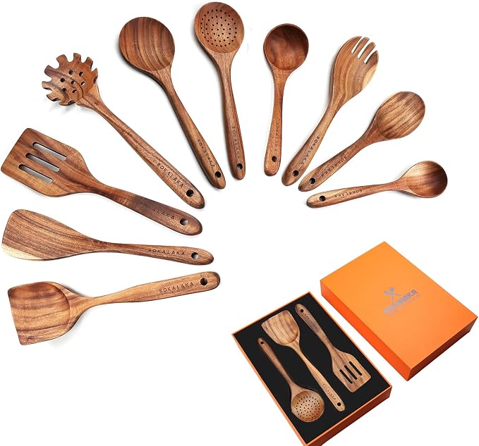 Wooden Spoons for Cooking, 10 Pack Wooden Utensils for Cooking Wooden Cooking by BOKALAKA