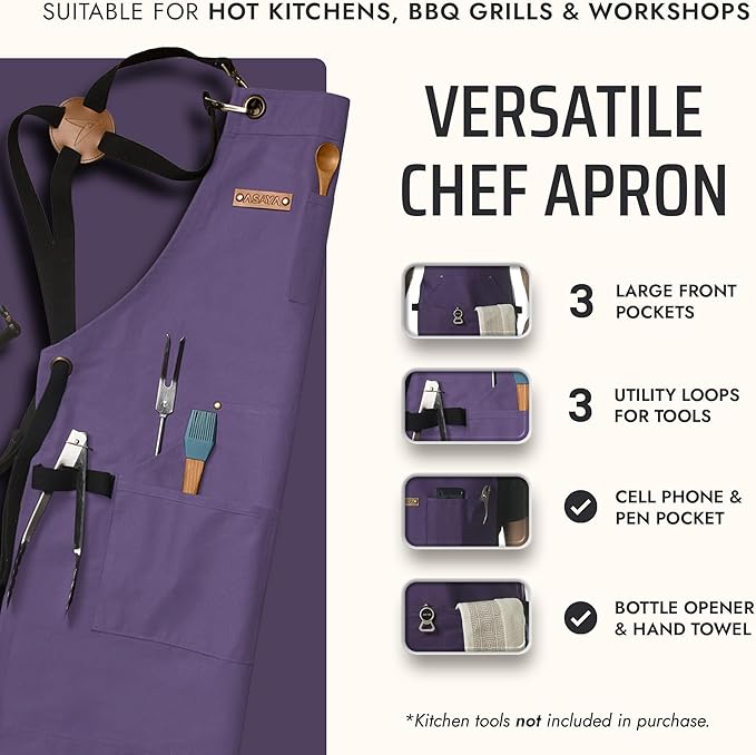 Asaya Chef and BBQ Apron with Bottle Opener and Hand Towel - 10oz Cotton Canvas - Image 2