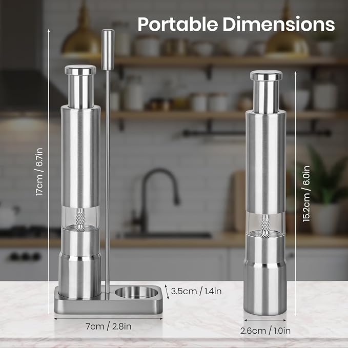 Salt and Pepper Grinder Set, Small Stainless Steel Manual Salt Grinder - Image 3