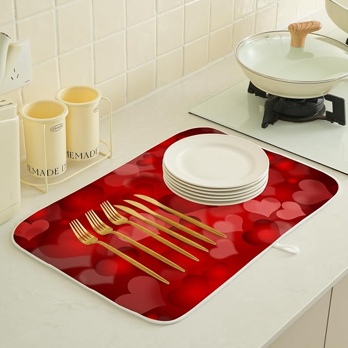 Red Valentines Dish Drying Mat 18x24 Inch Red Hearts Dish Drainer Protector Pad - Image 2
