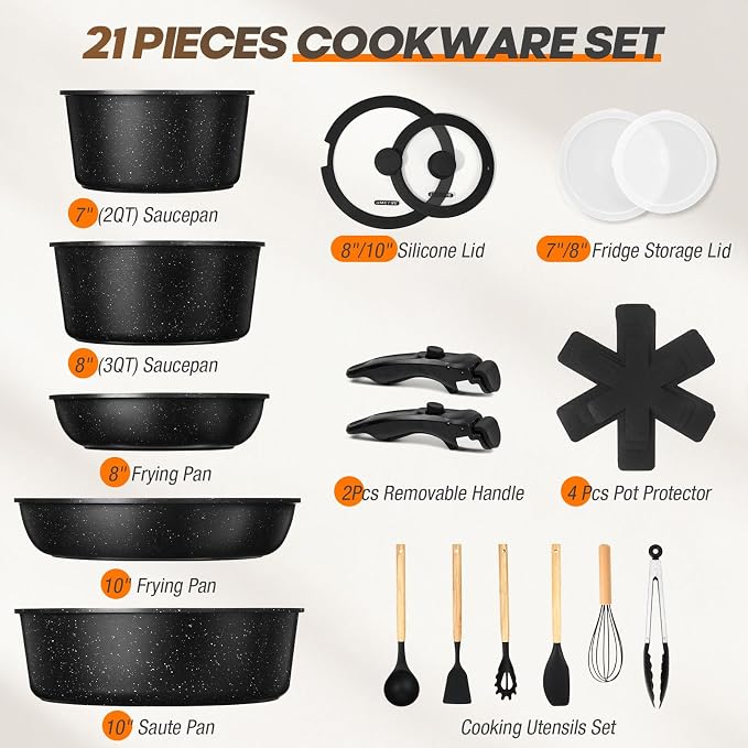 pots and Pans Set, Nonstick Cookware Set Detachable Handle, Induction Kitchen - Image 2