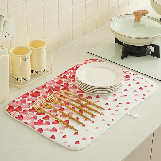 Valentines Dish Drying Mat 18x24 Inch Watercolor Red Pink Love Hearts Drying - Image 4