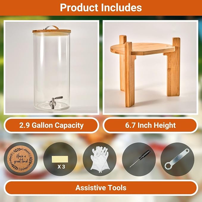 Glass Beverage Dispenser with Bamboo Stand 6.7 In and Lid, Iced 2.9 Gallon - Image 6