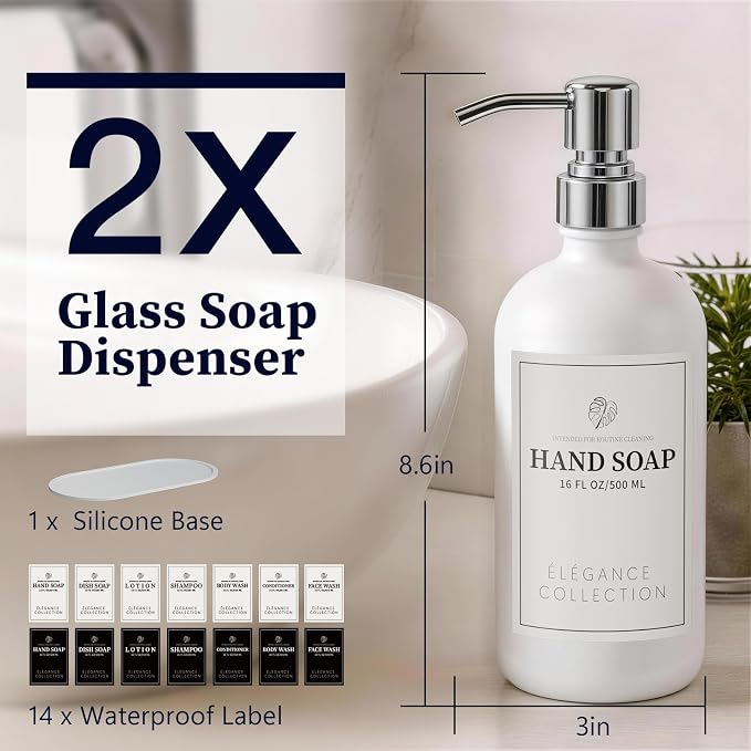 White Glass Soap Dispenser Set of 2, 16oz Hand and Dish Soap Dispenser - Image 9