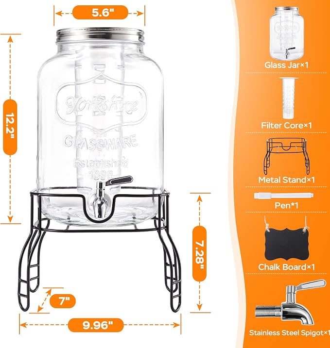 2 Gallon Large Glass Drink Dispenser Set, Beverage Dispensers - Image 2