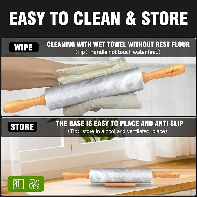 Walfos Marble Rolling Pin With Wooden Handles & Wood Cradle, 16.5 Inch Marble - Image 5