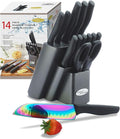 Marco Almond Knife Set with Block, 14 Piece Rainbow Titanium Knife Block Set by MarcoAlmond