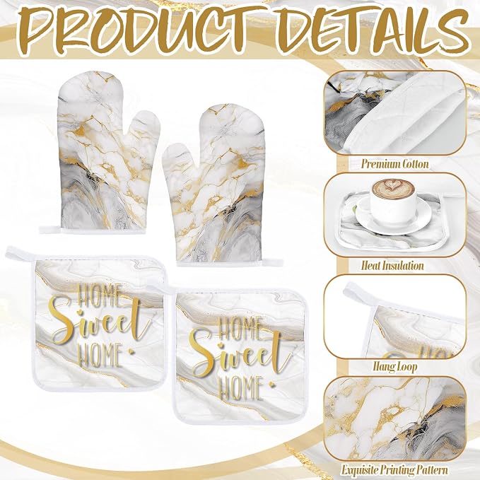 Bencailor 6 Pcs Marble Kitchen Decor Gold Pot Holders Oven Mitts 2 Dish Towels - Image 5
