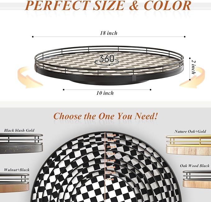 18" Black and White Kitchen Lazy Susan Turntable, Round Checkered Decorative - Image 6