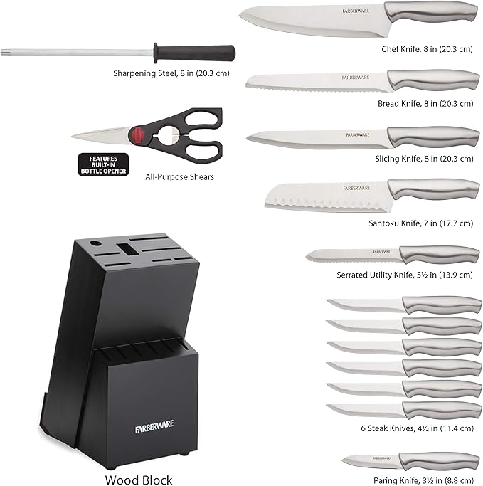 Farberware 15-Piece Stamped Stainless Steel Knife Block Set, High-Carbon - Image 6