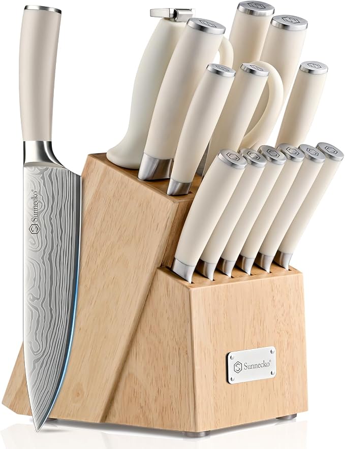 Sunnecko Knife Set with Block and Sharpener, 15 Piece Kitchen Knife Block Set by Sunnecko