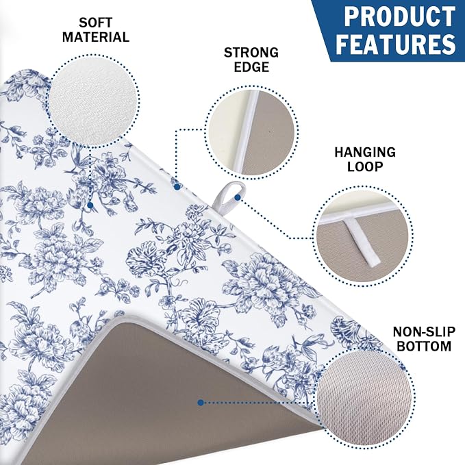 Blue Floral Dish Drying Mat for Kitchen Counter Chinoiserie Flower Microfiber - Image 3