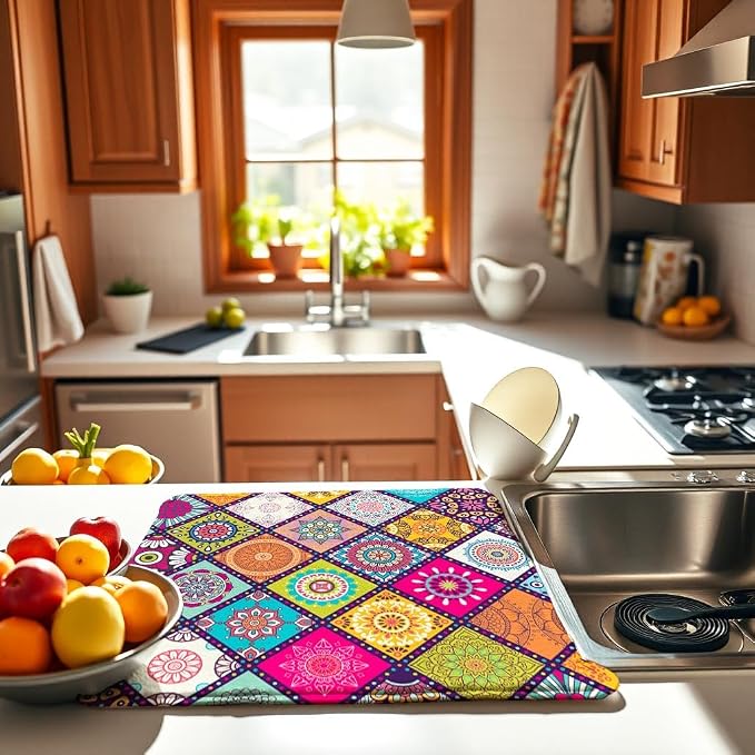 Boho Drying Mat 16" X 18" Abstract Plaid Kitchen Counter Stone Large Dish - Image 3