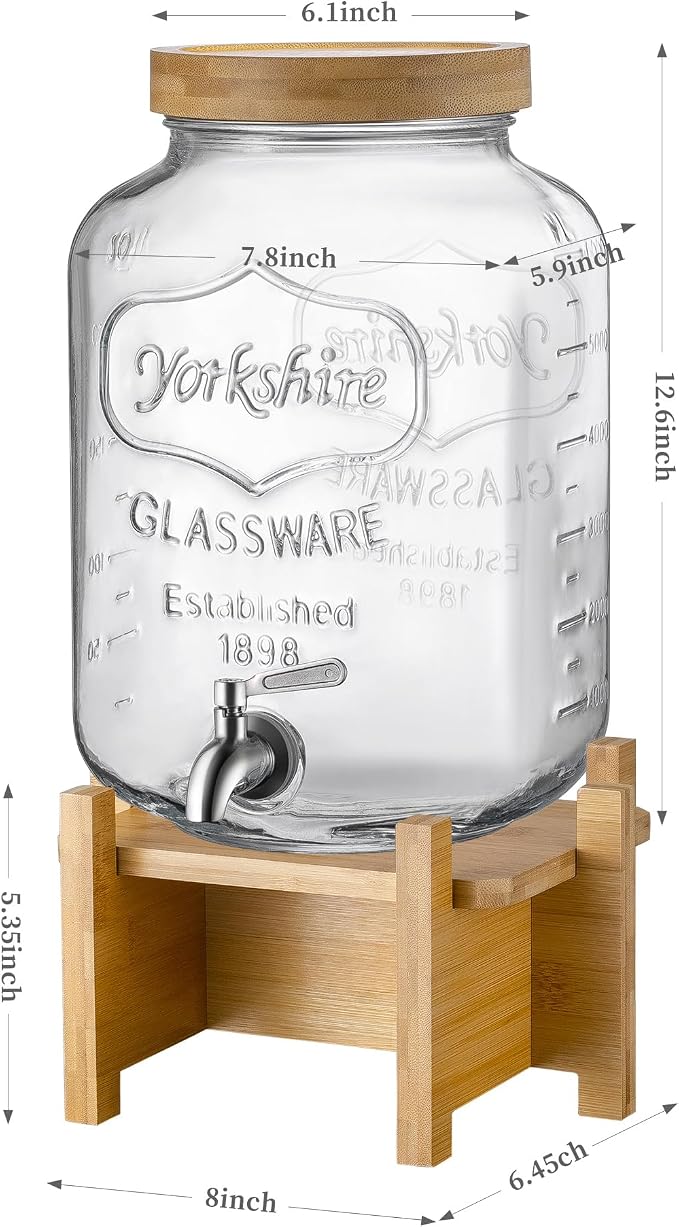 Drink Dispenser with Wood Stand and Lid, 2 Gallon Glass Beverage Dispenser with - Image 6
