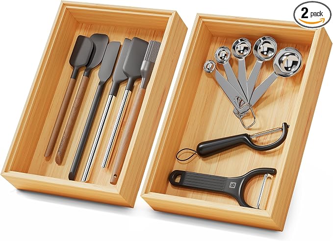Bamboo Kitchen Drawer Organizer Boxes – 9" x 6" Stackable Wood Silverware by LOCHANTIE
