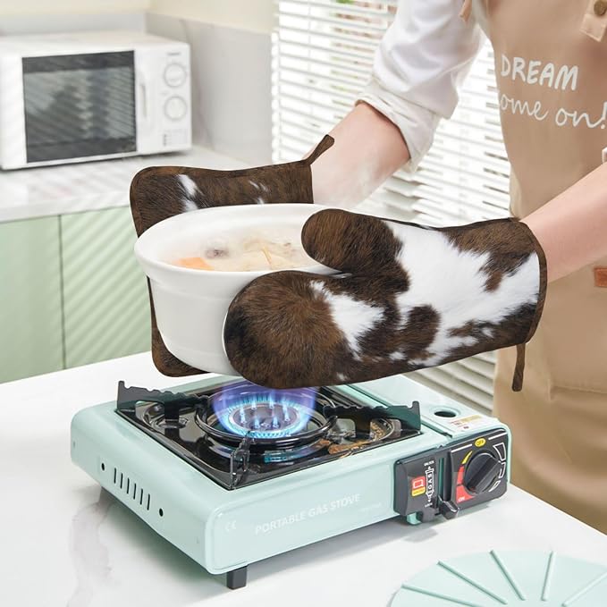 Cow Print Oven Mitts and Pot Holders Set of 4 Silicone Brown Cowhide Kitchen - Image 6
