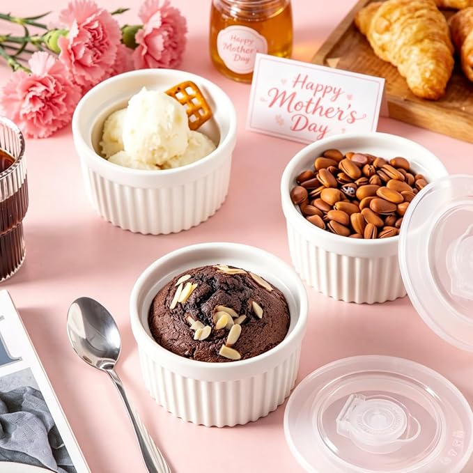 vancasso 6 oz Ramekins with Lid, Porcelain Creme Brulee Souffle Dishes - Image 3