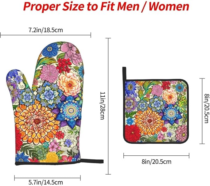 Boho Floral Oven Mitts and Pot Holders Sets of 3, Colorful Flowers Heat - Image 8