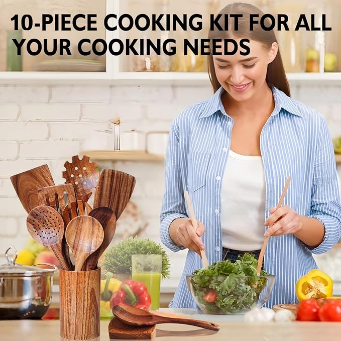 Wooden Spoons for Cooking 10 Pieces Set, Kitchen Utensils Spatula, Wooden - Image 5