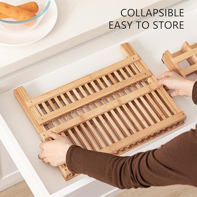 HBlife Dish Rack, Bamboo Folding 2-Tier Collapsible Drainer Dish Drying Rack - Image 4