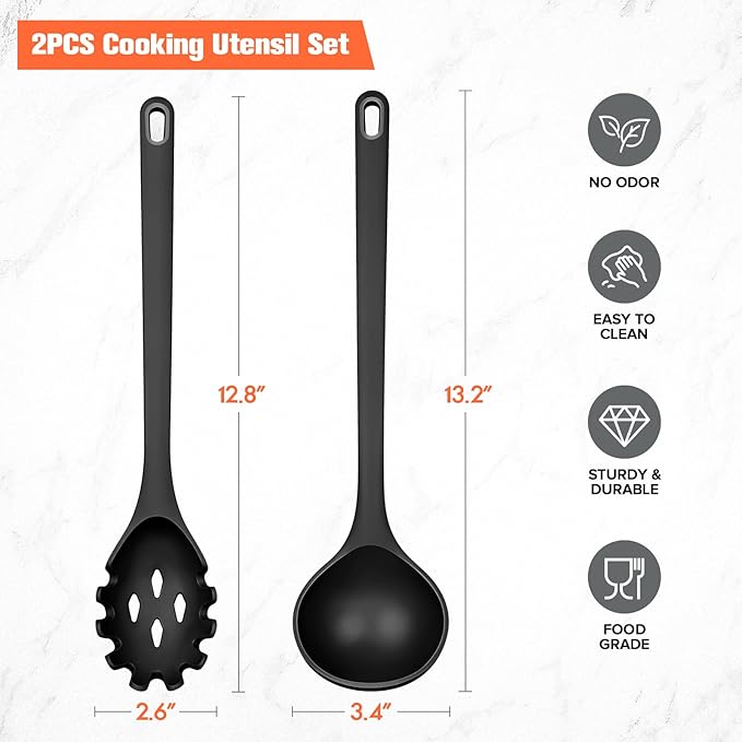 Silicone Spaghetti Spoon&Soup Ladle Cooking Utensils Set of 2, No Scratch - Image 6