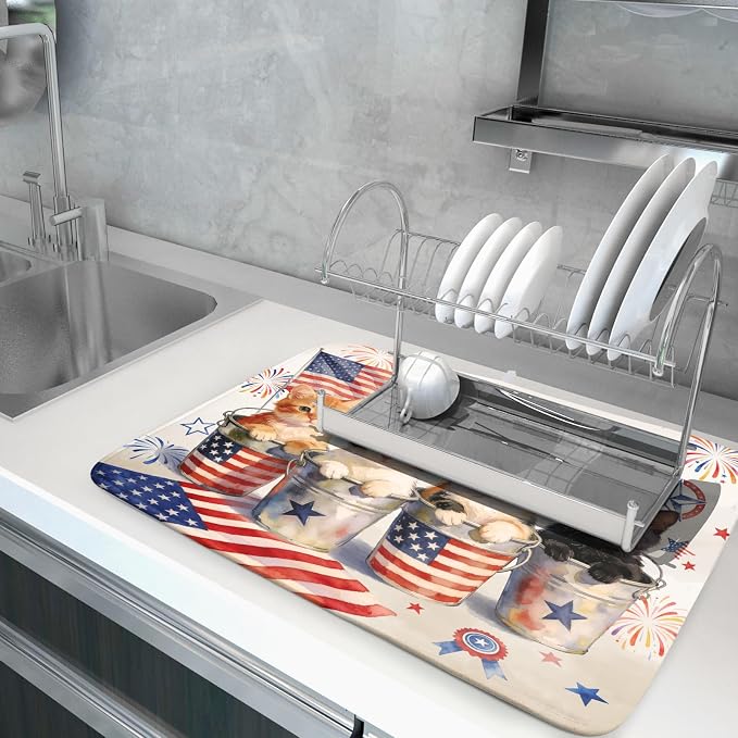 Vintage Patriotic Dish Drying Mat Cute Cats American Flag Drying Matt Kitchen - Image 5