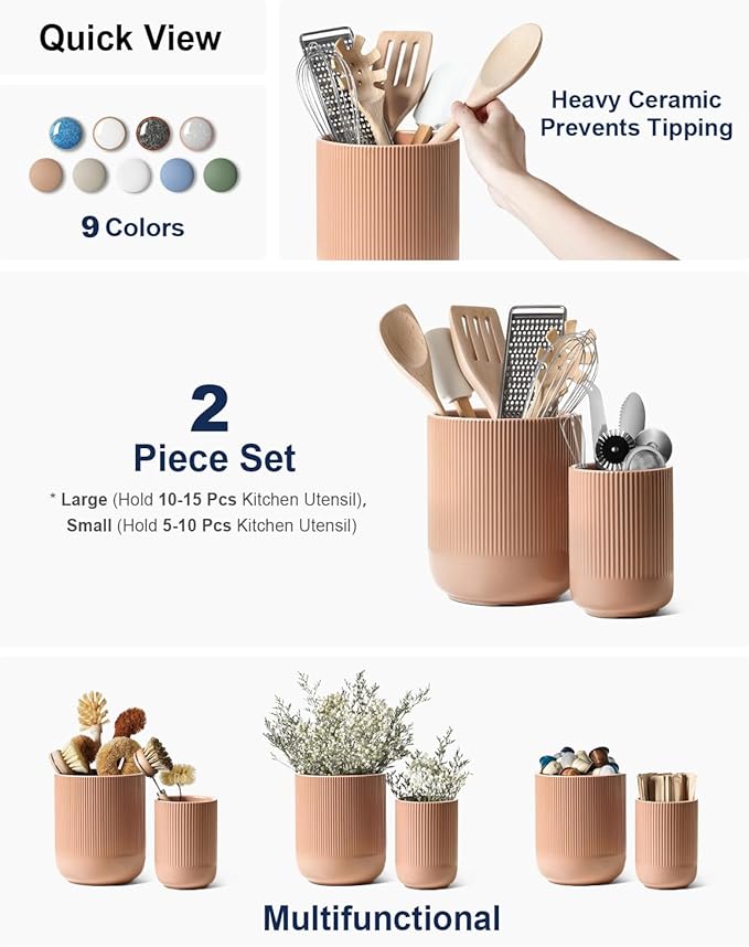 LE TAUCI Utensil Holder for Kitchen Counter, 7.3"+5.4" Fluted Ceramic Utensil - Image 2