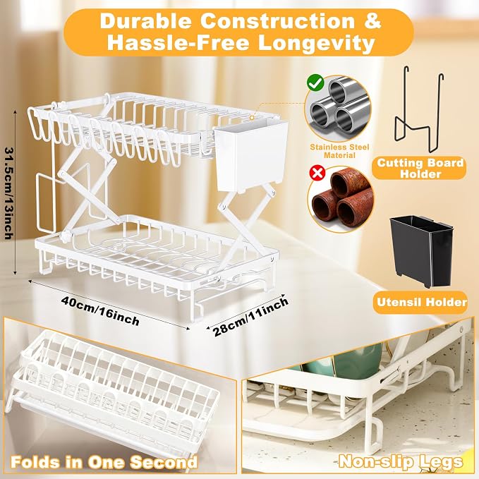 2-Tier Dish Racks for Kitchen Counter, Large Dish Drainers for Kitchens Counter - Image 3