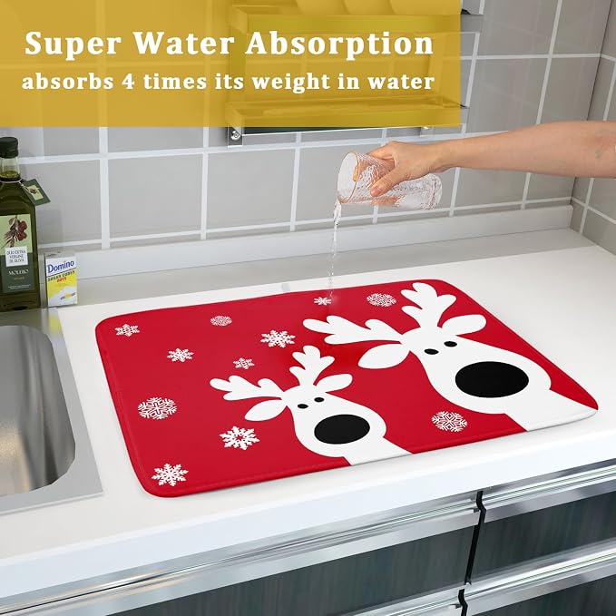 Christmas Dish Drying Mat for Kitchen Counter Cute Reindeer Winter Microfiber - Image 7