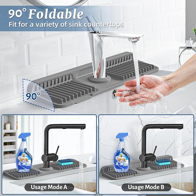 PoYang 17.7 inch Faucet Mat for Kitchen Sink Splash Guard, 7° Slope Silicone - Image 2