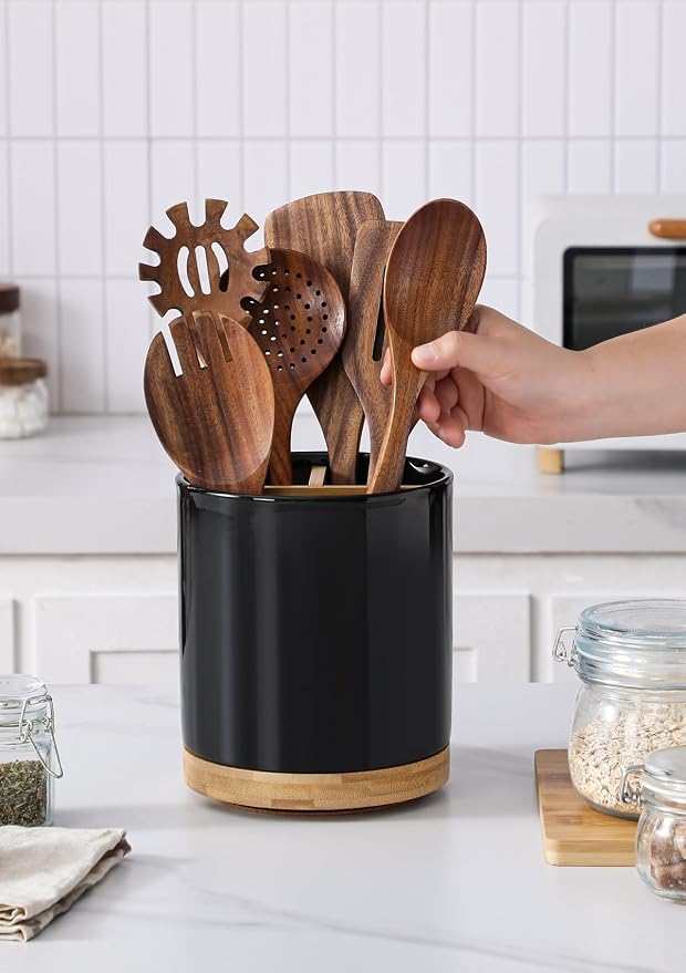 LoeJan 3 Compartment Utensil Holder, Extra Large Utensil Crock, Stable Ceramic - Image 4