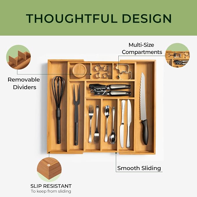 keechee Carbonized Bamboo Kitchen Drawer Organizer, 10 Slots Expandable - Image 6