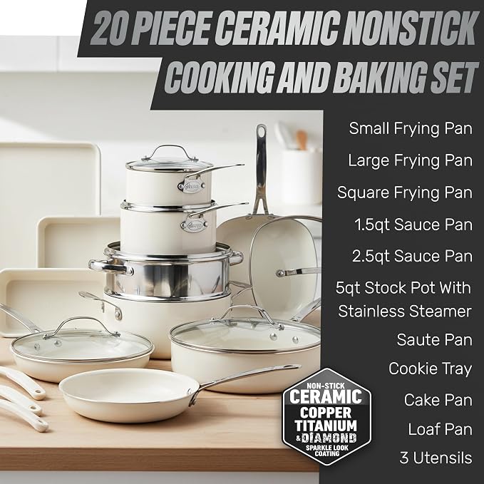 GOTHAM STEEL 20 Pc Ceramic Cookware Set Nonstick, Ceramic Pots and Pans Set Non - Image 2