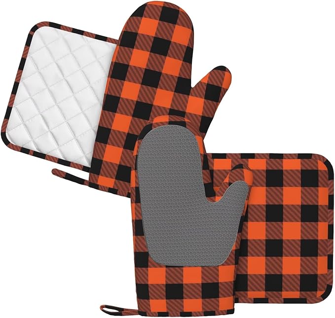 Buffalo Plaid Black and Orange Oven Mitts and Pot Holders Set - Image 2