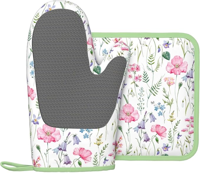 Pink Floral Silicone Oven Mitts Pan Mats Set of 2, Heat Resistant Gloves - Image 2