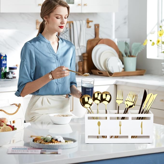 Ayiaren Wood Flatware Silverware Caddy White Cutlery Holder Kitchen Utensils - Image 2