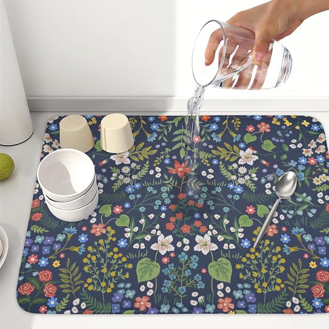 Flower Floral Dish Drying Mat 18x24 inch Microfiber Navy Blue Drying Mats - Image 4