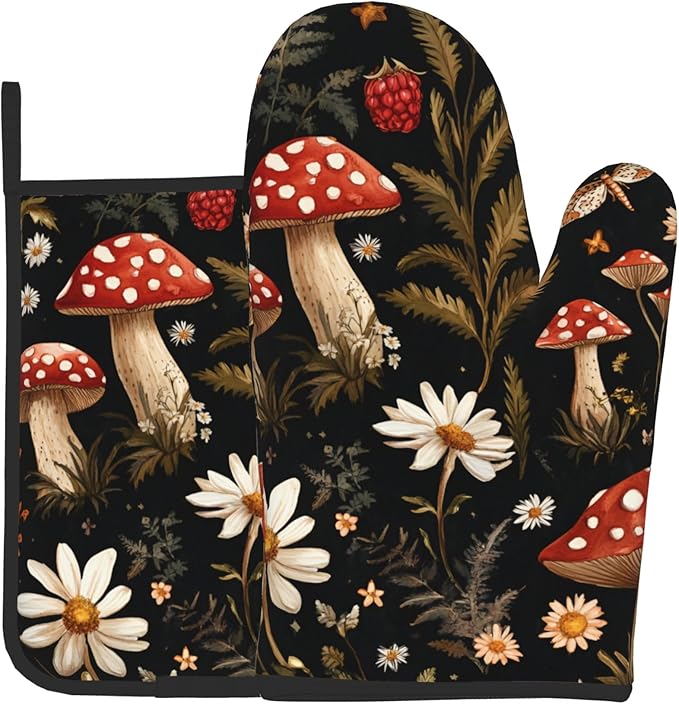Mushroom Oven Mitt Pot Holder Set Vintage Floral BBQ Cooking Gloves by DZGlobal