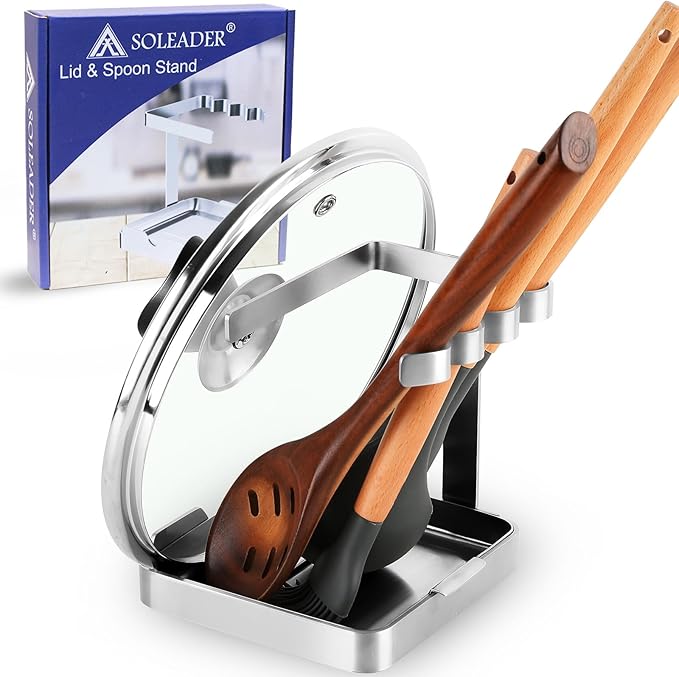 SOLEADER Pot Lid Holder While Cooking, 2 in 1 Stainless Steel Upright Spoon Rest by SOLEADER