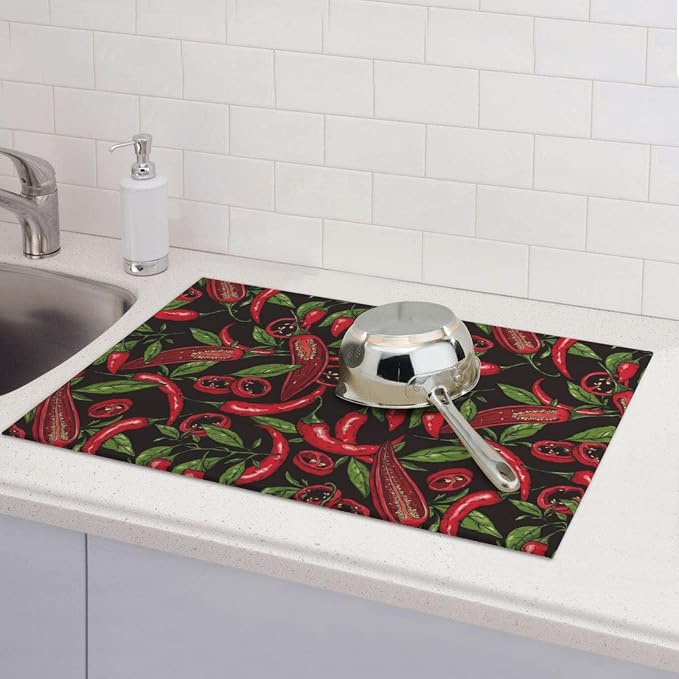 Red Chili Peppers Dish Drying Mat Vegetable Pepper Black Rustic Green Leaf - Image 6